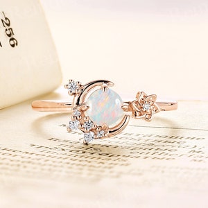 Weißer Opal Verlobungsring himmlischer Mond einzigartiger natürlicher Opal natürlicher Diamantring Roségoldring Sternring Blumenband-Brautring