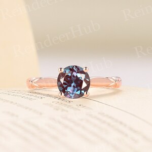 Vintage round cut lab alexandrite engagement ring rose gold ring simple solitaire ring art deco unique band anniversary promise bridal ring