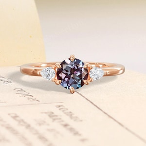 Unique Round Alexandrite Engagement Ring,Rose Gold Wedding Ring,Color Change Gemstone Ring with Pear Moissanite Sides,June Birthstone Ring