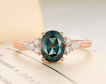 Oval Shape Lab Teal Sapphire Engagement Ring Rose Gold Ring Vintage Cluster Promise Ring Unique Round Cut Moissanite Ring Anniversary Gift