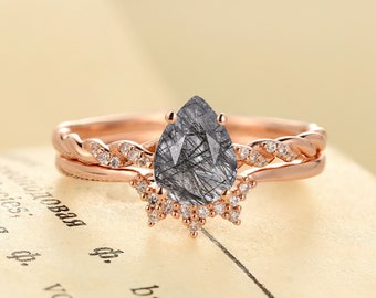 Pear shaped Black Rutilated Quartz engagement ring set | milgrain diamond moissanite ring rose gold | Prong set curved band| Bridal set|