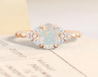 Unique Oval White Opal Engagement Ring,14K Rose Gold Bridal Ring,Vintage Moissanite Cluster Wedding Ring,Dainty Jewelry,Anniversary Gift