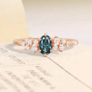 Einzigartiger natürlicher blaugrüner Saphir-Verlobungsring, Rosegold Cluster Moissanite Ehering, grüner Edelstein Versprechensring, zierlicher Brautschmuck