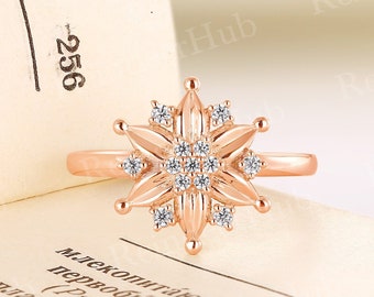 Round Cut Moissanite Engagement Ring Nature Inspired Floral Ring Rose Gold Cluster Bridal Ring Unique Anniversary Promise Ring Gift For Her