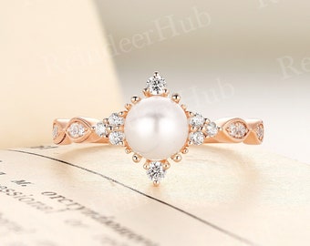 Akoya Pearl Engagement Ring Rose gold Vintage Natural Diamond Ring Half Eternity Bridal ring Unique Halo Wedding Anniversary Promise ring