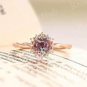 Vintage round shape lab alexandrite engagement ring rose gold twist ring antique natural diamond halo ring anniversary promise bridal ring