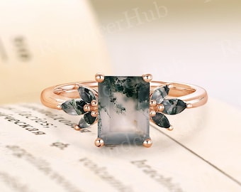 Emerald Cut Moss Agate Engagement Ring Classic Rose Gold Cluster Ring Vintage Marquise Cut Ring Unique Promise Bridal Ring Anniversary ring