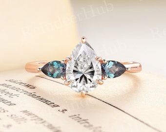 Classic Pear shape moissanite engagement ring lab alexandrite ring unique three stones ring rose gold bridal ring promise anniversary ring