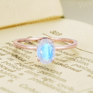Unique Oval Moonstone Engagement Ring,14K Rose Gold Solitaire Bridal Wedding Ring,Simple Promise Ring,Delicate Anniversary Gift For Her