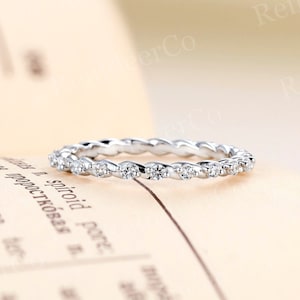 Vintage round moissanite wedding band white gold unique twist ring antique full eternity band art deco ring anniversary promise bridal band