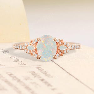 Unique White Opal Cluster Engagement Ring,14K Rose Gold Ring,Oval Cut Opal Wedding Ring,Leaf Moissanite Band,Proposal Ring For Her Handmade
