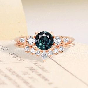 Vintage Natural Teal Sapphire Engagement Ring Set,Blue Green Sapphire Ring Set,14K Rose Gold Stacking Ring,Unique Moissanite Bridal Ring