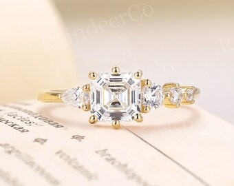 Asscher cut Moissanite engagement ring vintage diamond/moissanite ring yellow gold Pear&Round cut prong set ring anniversary ring