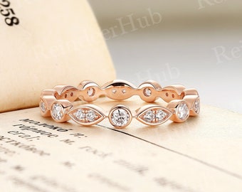 Unique Round Cut Moissanite Wedding Band Rose Gold Ring Vintage Full Eternity Band Stacking Matching Ring Bezel set Anniversary Bridal Band