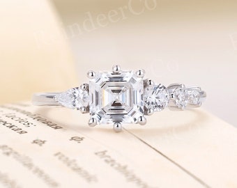 Asscher cut Moissanite engagement ring vintage diamond/moissanite ring white gold Pear&Round cut prong set ring anniversary ring