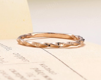 Anillo de boda vintage, anillo de boda trenzado de oro rosa de 14 quilates, delicado anillo apilable de oro macizo hecho a mano para mujer, fino anillo de promesa de oro para novia.
