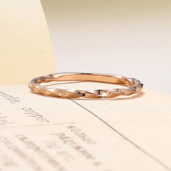 Vintage Wedding Band,14K Rose Gold Twisted Wedding Band,Dainty Handmade Solid Gold Stackable Ring for Women,Thin Gold Promise Band for Bride