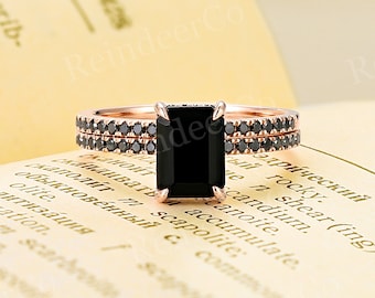 Vintage Black Onyx Engagement Ring Set,Black Diamond Half Eternity Bridal Ring Set,Solid Gold Promise Ring,Unique Emerald Cut Wedding Ring
