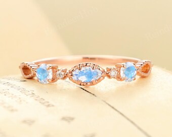 Marquise Cut Moonstone Wedding Band,Rose Gold Band,Round Cut Diamond/Moissanite Band,Stackable Ring,Bridal Band,Anniversary Promise Ring