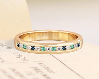 Anillo de bodas único de zafiro azul verdoso, anillo vintage de oro amarillo con engaste de canal, anillo de compromiso de aniversario.