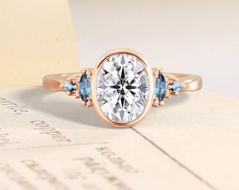 Elegant Oval Moissanite Bezel Engagement Ring - 14K Rose Gold Marquise London Blue Topaz Anniversary Ring
