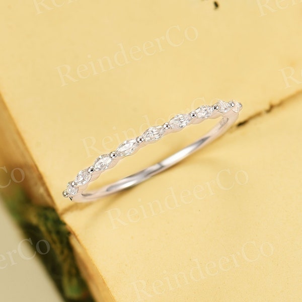Moissanite Diamond wedding band white gold| Marquise cut prong set ring | Stacking matching ring | Half eternity ring | Anniversary ring