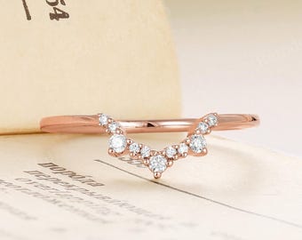 Dainty Moissanite Curved Wedding Band: Classic Chevron Rose Gold Contour Ring,Minimalist Stacking Promise Ring