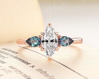 Vintage marquise cut moissanite engagement ring three stones rose gold ring unique claw prong ring lab alexandrite anniversary bridal ring