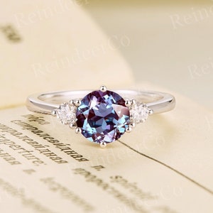Round Alexandrite Engagement Ring,Diamond Moissanite Ring,14K White Gold Wedding Ring,Three Stone Ring,Unique Anniversary Ring,Promise Ring