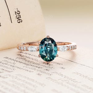 Teal Sapphire Engagement Ring,Vintage Oval Sapphire Wedding Ring,14K Solid Gold Ring,Unique Moissanite Bridal Ring,Anniversary Promise Ring