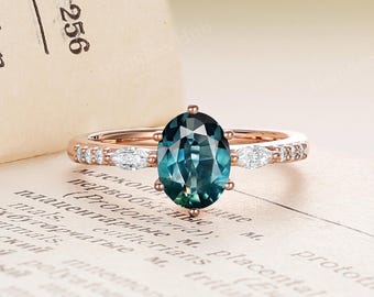 Teal Sapphire Engagement Ring,Vintage Oval Sapphire Wedding Ring,14K Solid Gold Ring,Unique Moissanite Bridal Ring,Anniversary Promise Ring