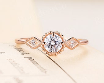 Vintage Moissanite engagement ring Round cut rose gold anniversary ring Bead edge Diamond/Moissanite promise ring Three stone bridal ring