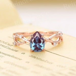 Vintage Pear Alexandrite Engagement Ring, Twig Leaf Design Rose Gold Band, Nature Inspired Ring with Diamond / Moissanite, Anniversary Ring
