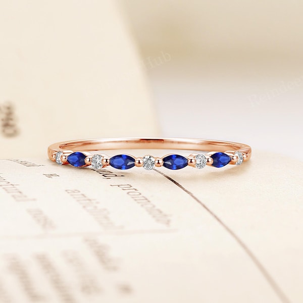 Natural Sapphire Wedding Band,14K White Gold Moissanite Diamond Ring,Marquise Ring,Unique Stacking Matching Promise Band,Anniversary Band