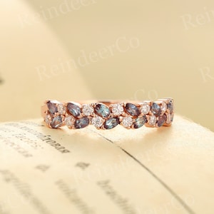 Delicate Alexandrite ring, solid rose gold , Marquise cut band , diamond/moissanite band, Prong set band, milgrain anniversary band