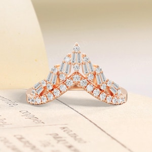 Lab Diamond Curved Wedding Band,Chevron V Shape Enhancer Ring with Baguette & Round Gemstones,Rose Gold Stacking Promise Band,Bridal Gift