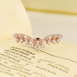 vintage round cut moissanite wedding band, rose gold prong set curved ring, Chevron half eternity stacking promise ring, unique promise ring