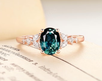 Unique Oval Teal Sapphire Engagement Ring,14K Rose Gold Marquise Moissanite Cluster Wedding Ring,Nature Inspired Leaf Design Bridal Ring