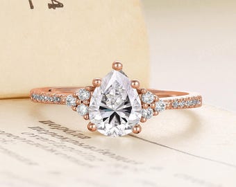 Unique Pear Shape Moissanite Engagement Ring: Dainty Rose Gold Cluster Pave Bridal Jewelry,Anniversary Gift