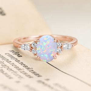 Vintage Oval Cut Opal Engagement Ring,Cluster Diamond / Moissanite Ring,Unique 14K Rose Gold Bridal Wedding Ring,Anniversary Promise Ring
