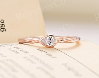 Pear Moissanite Diamond engagement ring Rose gold ring Solitaire ring Tiny stacking ring Minimalist bridal ring east west twist promise ring