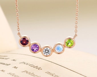 Bezel Setting Five Stone Necklace Personalized Birthstone Family Necklace Rose Gold Special Mama's Daily Wearing Necklace Mother's Day gift