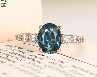 Unique Natural Teal Sapphire Engagement Ring - 14K Rose Gold Round Moissanite Bridal Ring