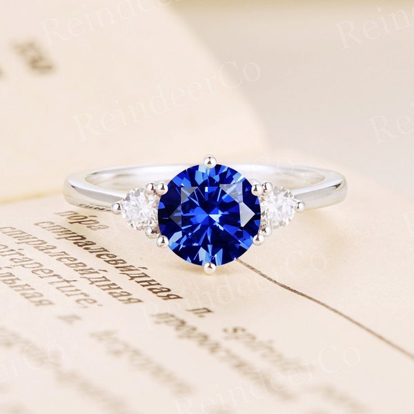 Vintage round Lab Sapphire engagement ring white gold ring art deco moissanite diamond ring Unique three stone ring Anniversary promise ring