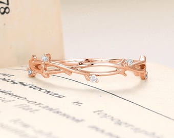 Einzigartiger Zweig Moissanite Wedding Band,Blatt Ring,Diamant Moissanite Halb Eternity Ring,Zarte Stapeln Ring,Vintage Jubiläum Versprechen Ring