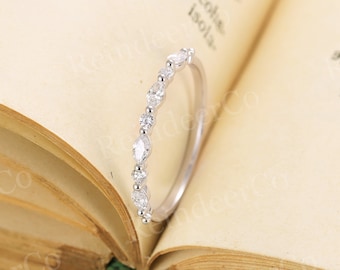 Moissanite trouwring witgoud | Marquise diamantgeslepen ring | Halve eeuwigheid Dainty Stacking Bijpassende bandring | Jubileumbandring