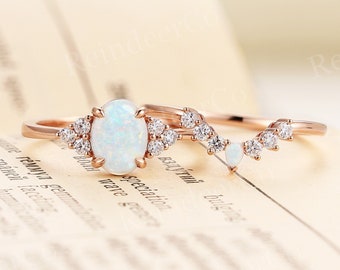 Australian Opal engagement ring set rose gold | Curved wedding band  | Pear shaped oval cut ring | Diamond Moissanite prong set ring