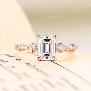 Art deco emerald cut moissanite engagement ring rose gold ring marquise cut diamond ring round cut ring unique anniversary promise ring