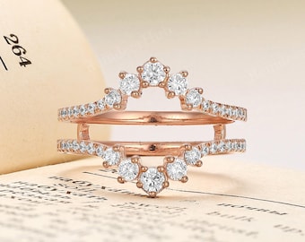 Vintage Diamond / Moissanite Double Curved Wedding Band - Unique Rose Gold Enhancer Stackable Promise Ring