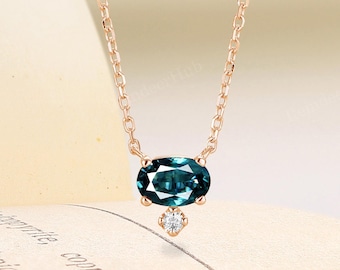Vintage Oval Natural Blue-Green Sapphire Pendant with Diamond, Rose Gold Bridal Necklace, Teal Sapphire Necklace with Moissanite Necklace